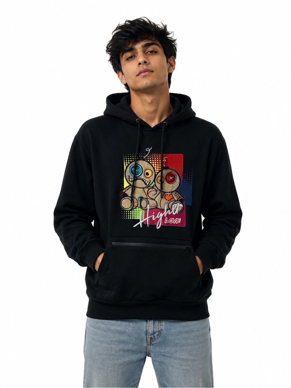 BKYS Black Graphic Pullover Hoodie with 'High Love' Artwork Voodoo Dolls Medium
